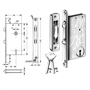 Mortise sliding door lock for skeleton key backset 55mm Brass | GSV-No. 3248