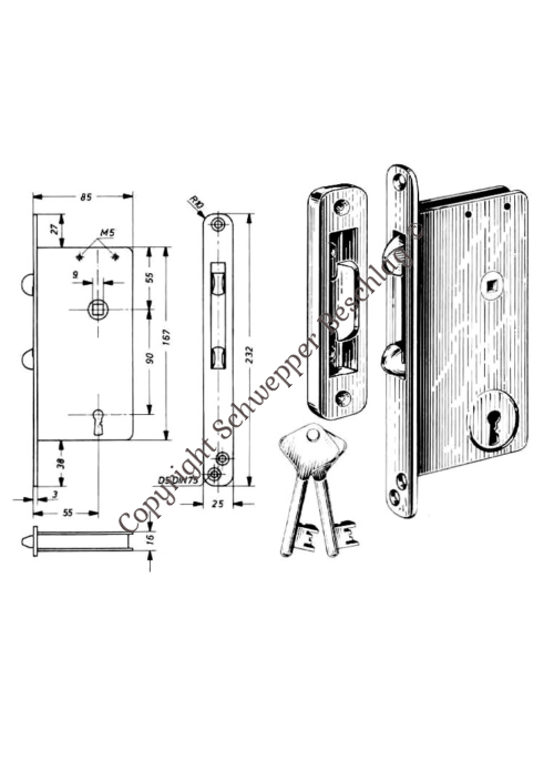 Mortise sliding door lock for skeleton key / master keyed backset 55mm Brass | GSV-No. 3248 H